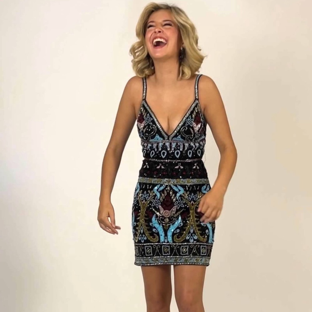 Sherri Hill Black and Blue Patterned Mini Dress